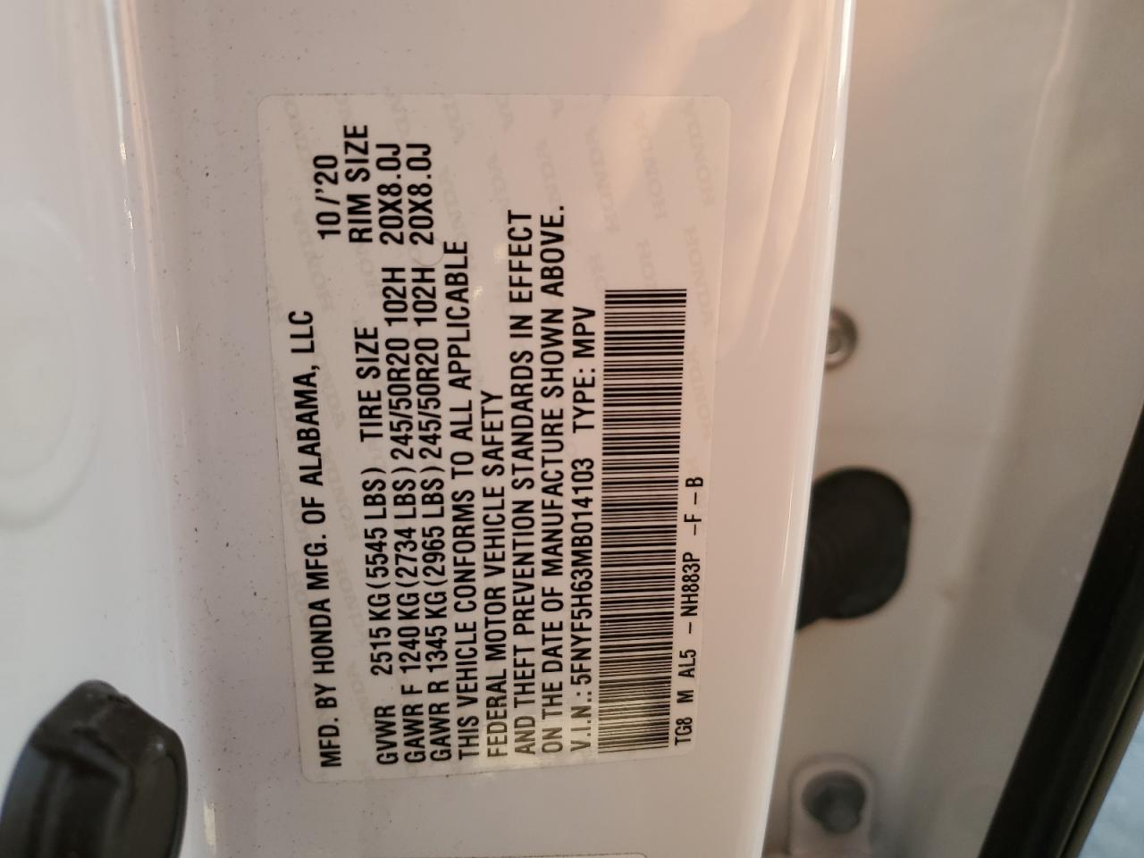 2021 Honda Pilot Touring VIN: 5FNYF5H63MB014103 Lot: 86268414