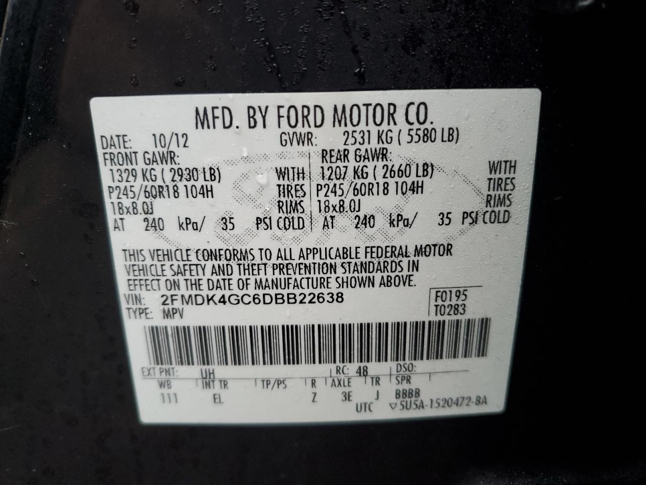 VIN 2FMDK4GC6DBB22638 2013 FORD EDGE no.13