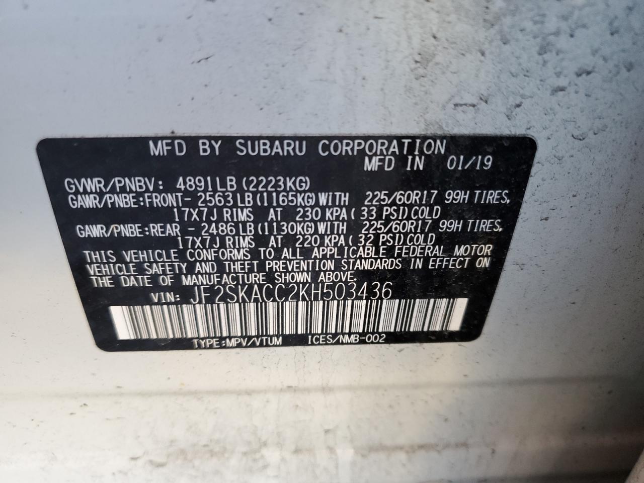 2019 Subaru Forester VIN: JF2SKACC2KH503436 Lot: 83373914