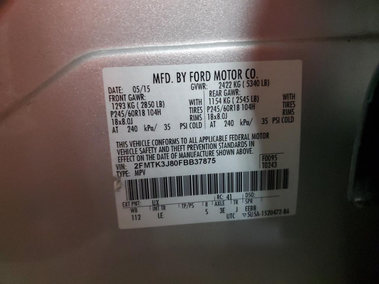 VIN 2FMTK3J80FBB37875 2015 FORD EDGE no.14