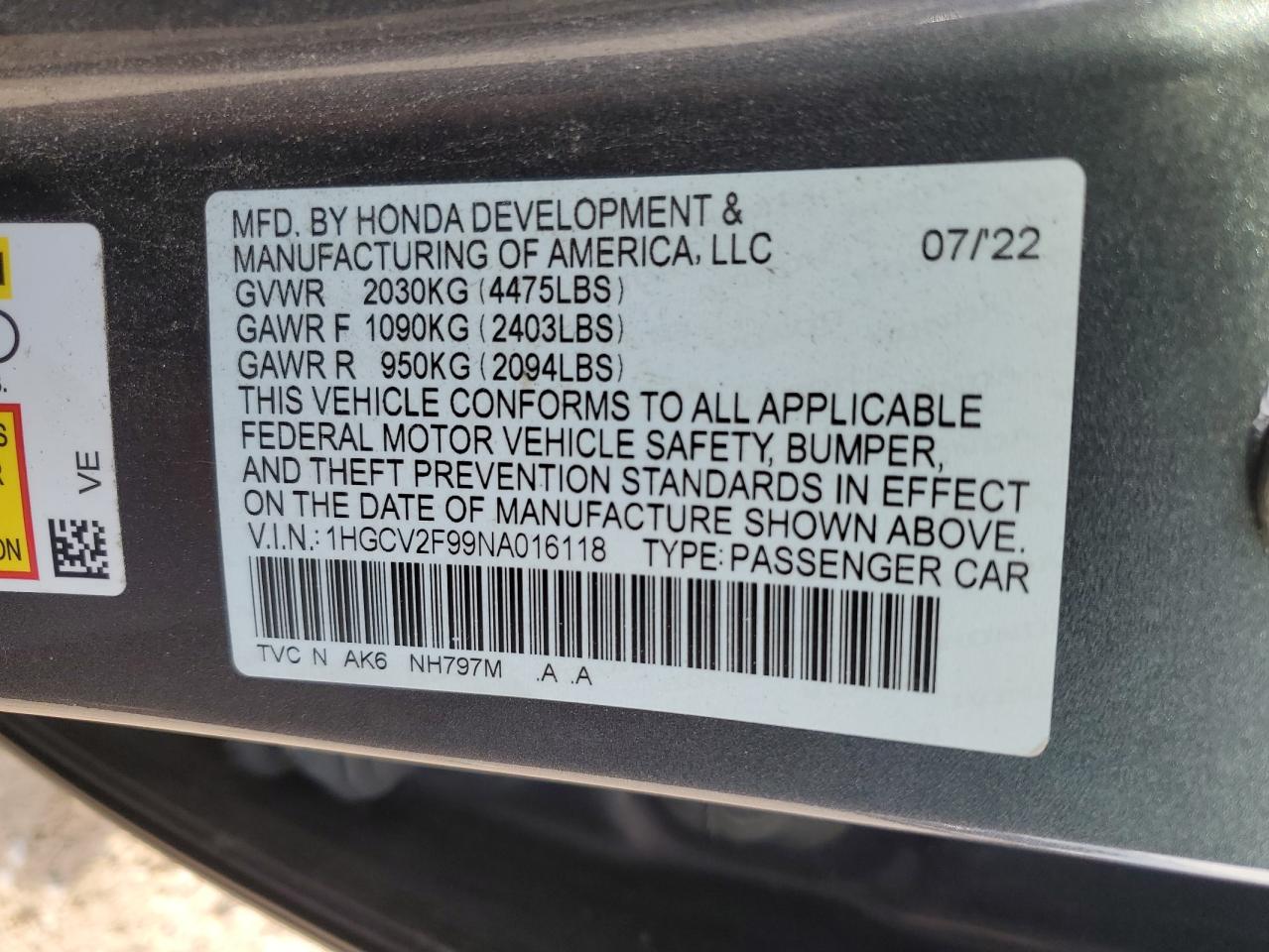 VIN 1HGCV2F99NA016118 2022 HONDA ACCORD no.12