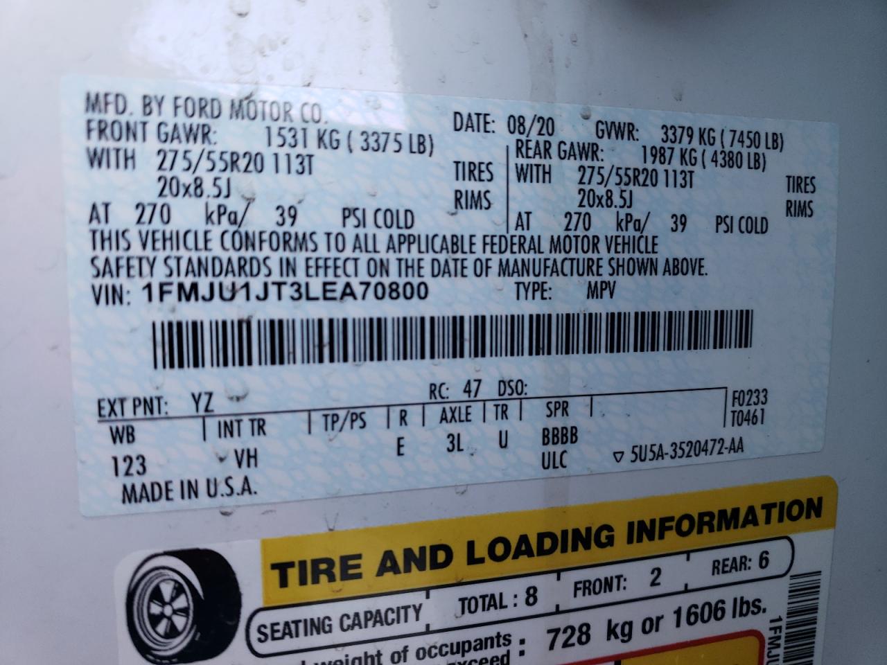 2020 Ford Expedition Xlt VIN: 1FMJU1JT3LEA70800 Lot: 83435094