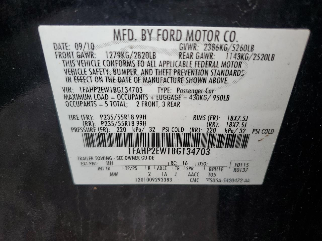 2011 Ford Taurus Sel VIN: 1FAHP2EW1BG134703 Lot: 86996854