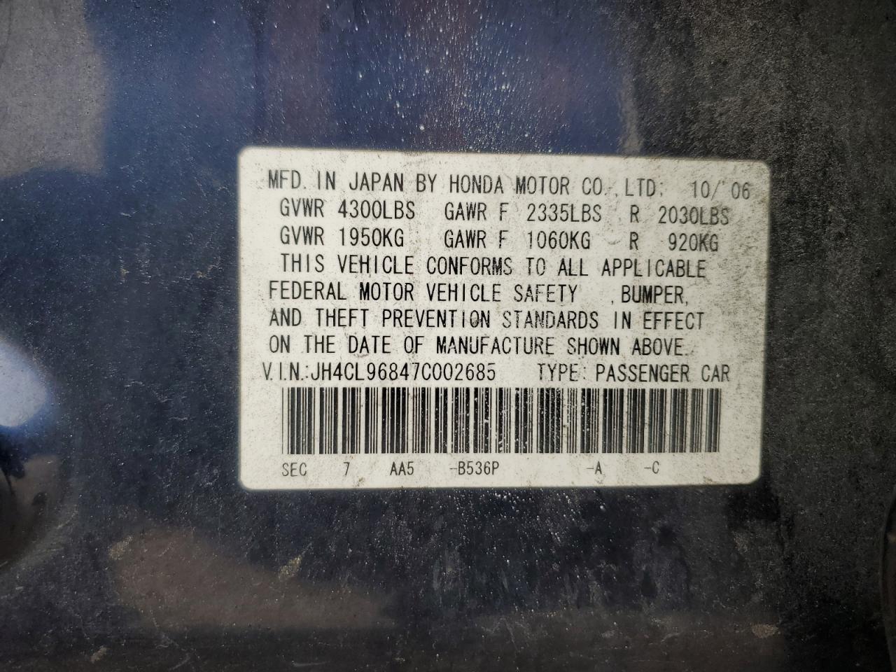 2007 Acura Tsx VIN: JH4CL96847C002685 Lot: 83809714