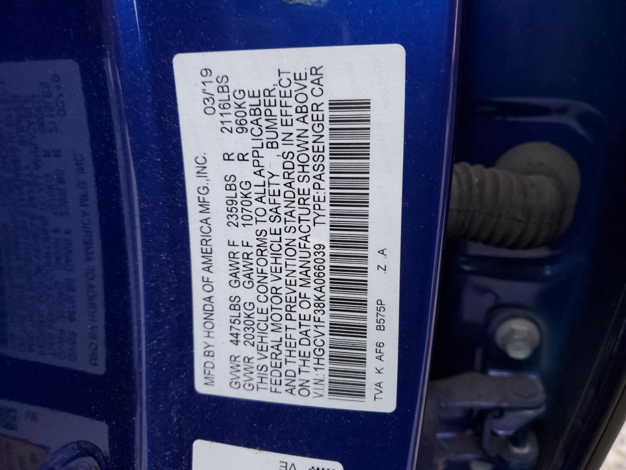 VIN 1HGCV1F38KA066039 2019 HONDA ACCORD no.12