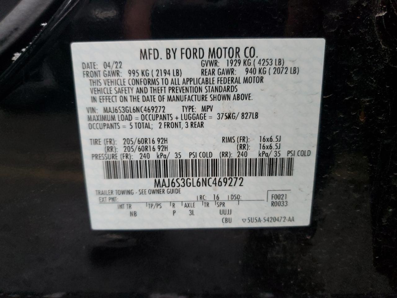 2022 Ford Ecosport Se VIN: MAJ6S3GL6NC469272 Lot: 85489784