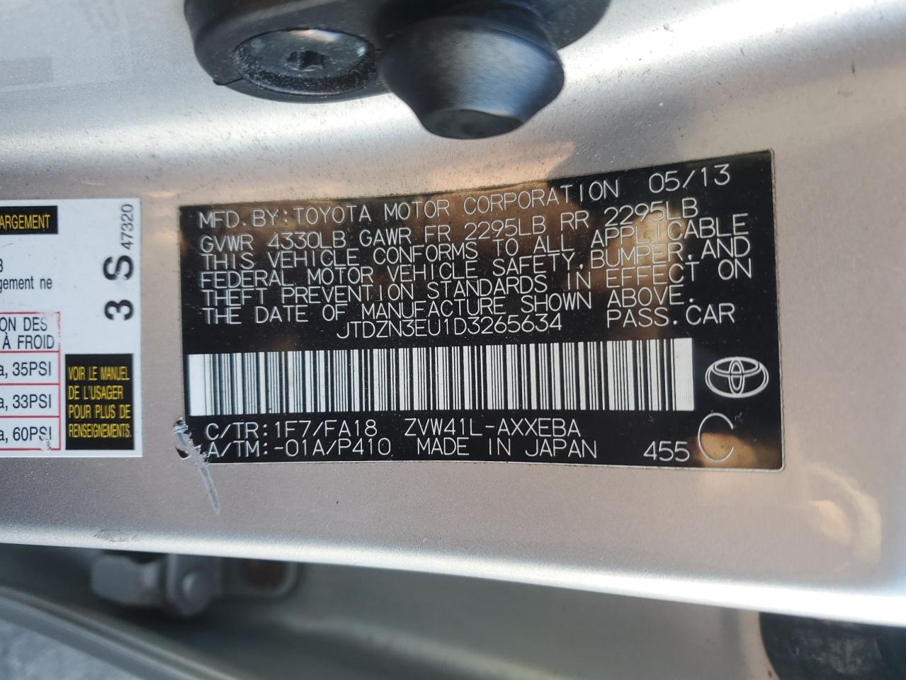 VIN JTDZN3EU1D3265634 2013 TOYOTA PRIUS no.13