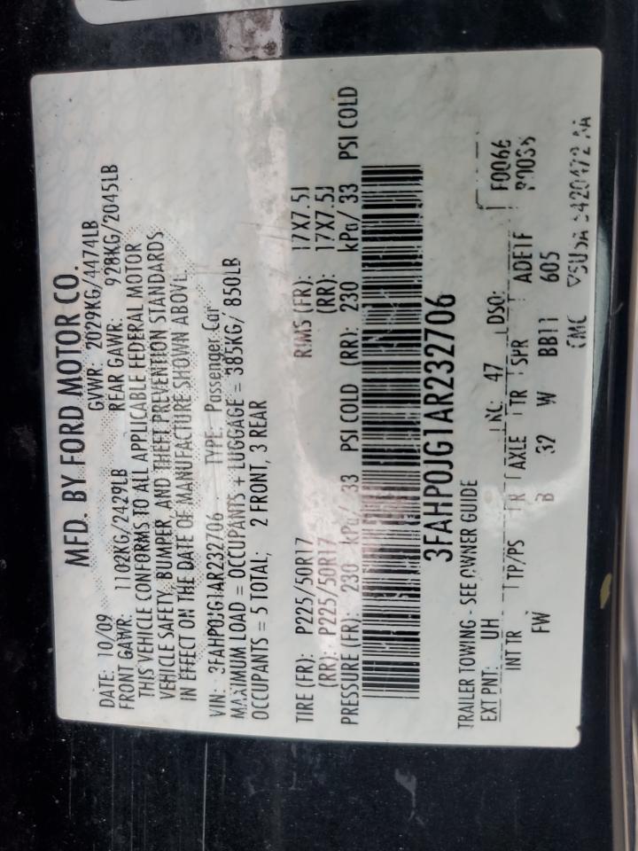 2010 Ford Fusion Sel VIN: 3FAHP0JG1AR232706 Lot: 82374854