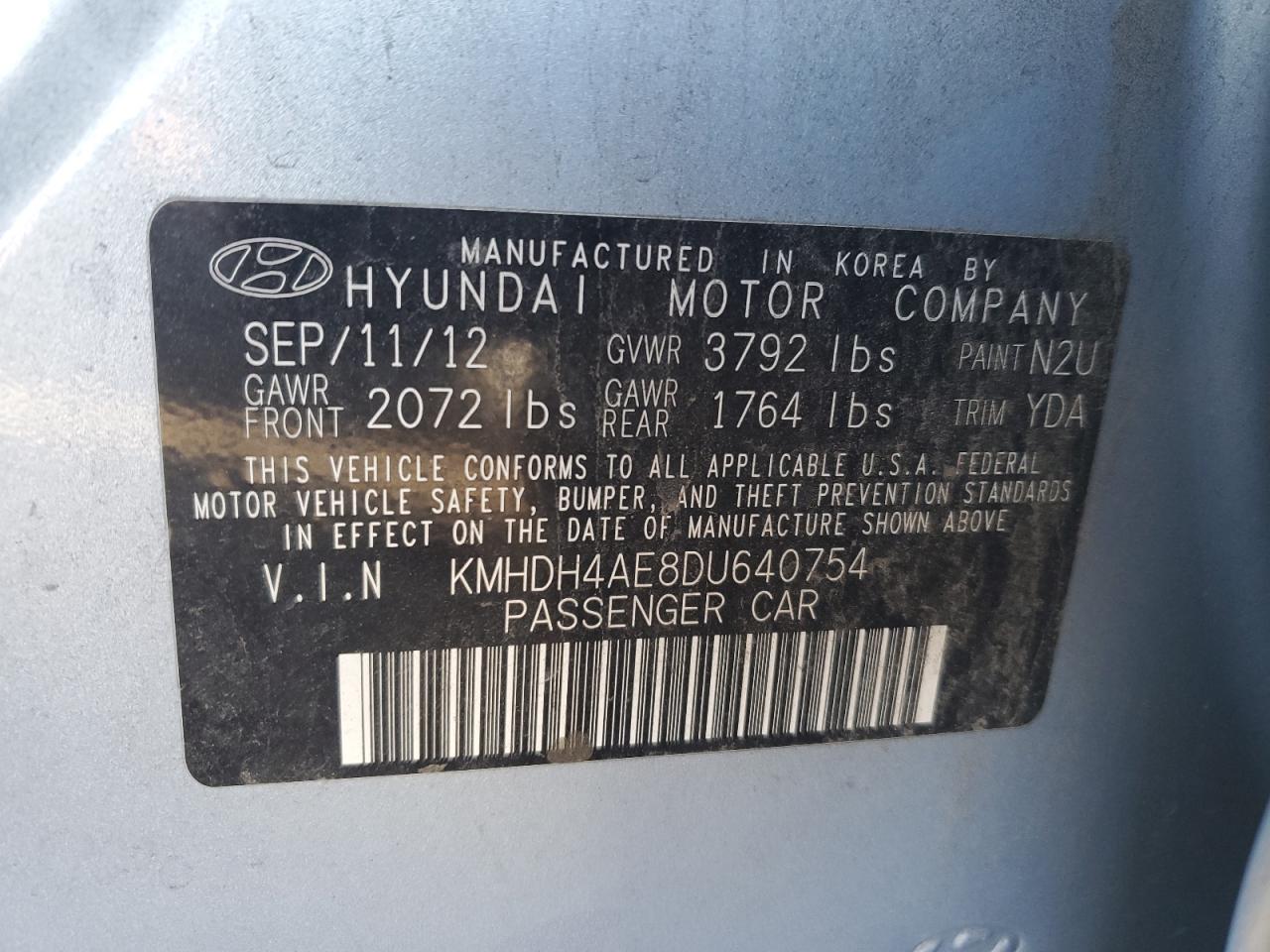 2013 Hyundai Elantra Gls VIN: KMHDH4AE8DU640754 Lot: 86015854