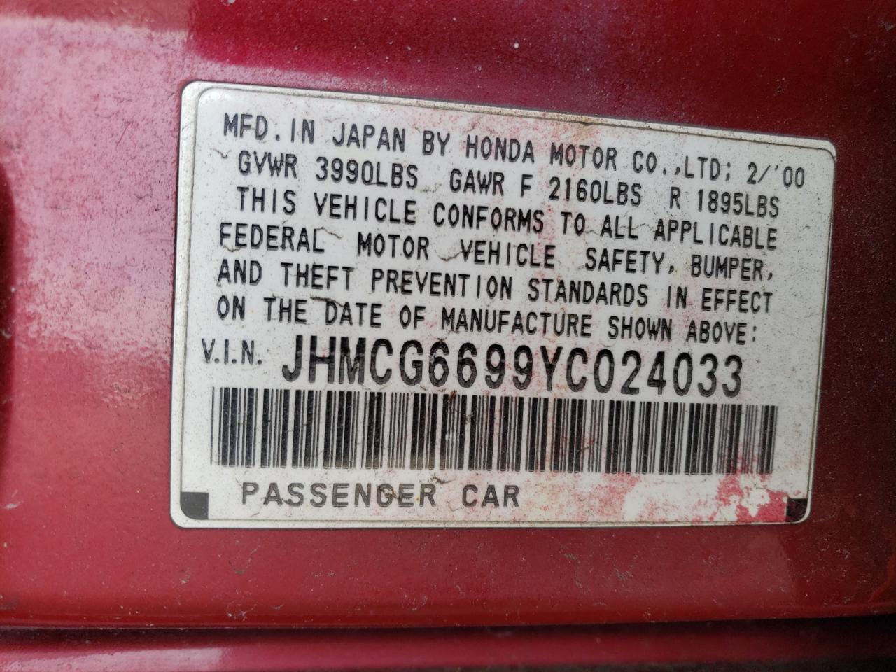 2000 Honda Accord Se VIN: JHMCG6699YC024033 Lot: 83676564