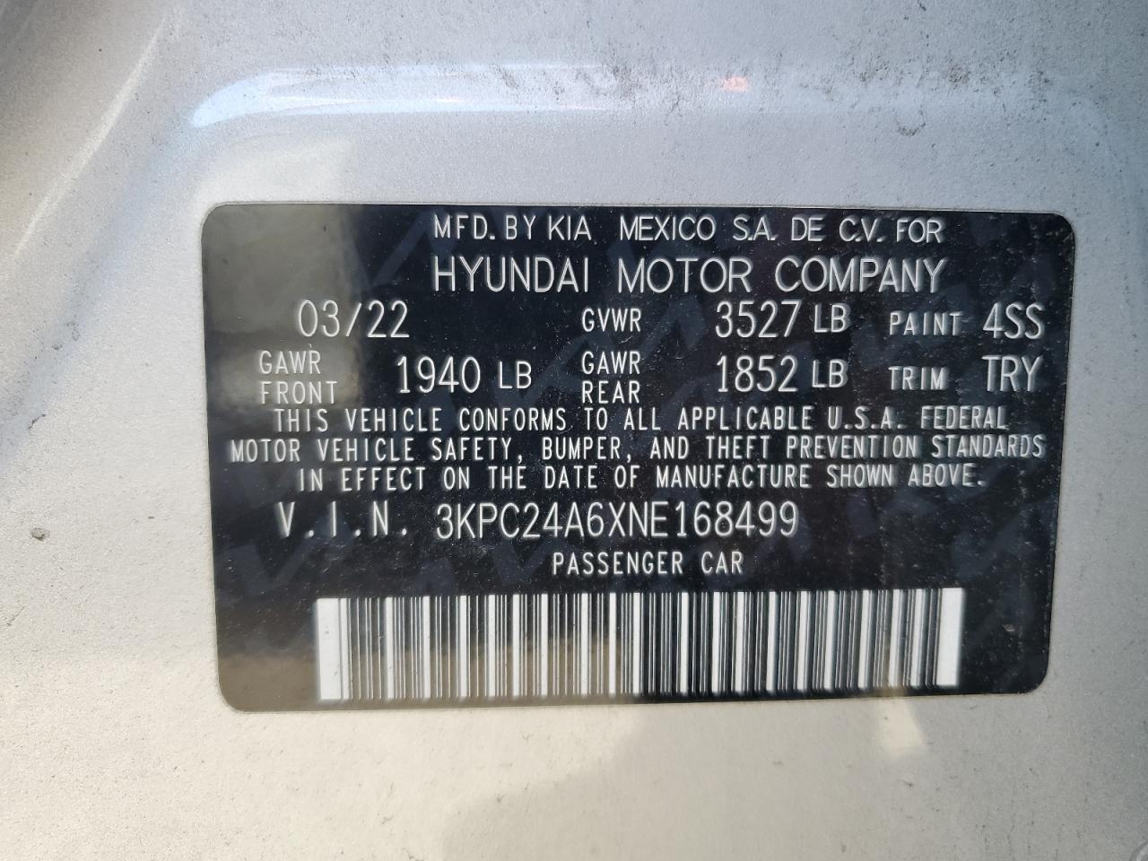 VIN 3KPC24A6XNE168499 2022 HYUNDAI ACCENT no.12