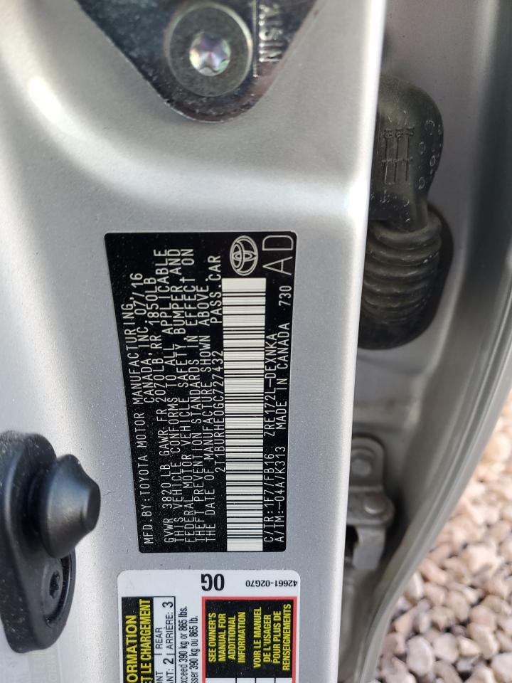 2016 Toyota Corolla L VIN: 2T1BURHE0GC727432 Lot: 85951494