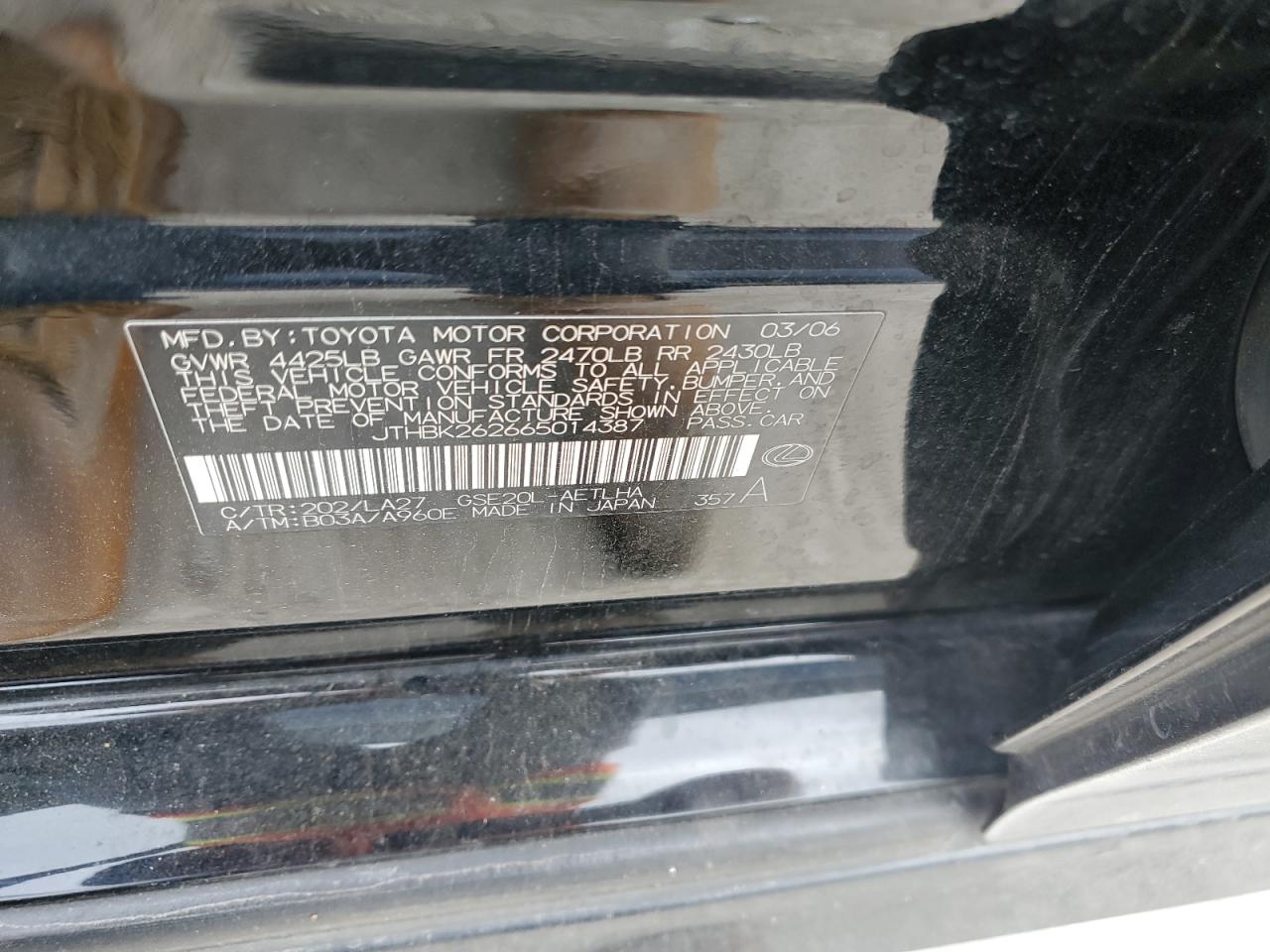 2006 Lexus Is 250 VIN: JTHBK262665014387 Lot: 83837074