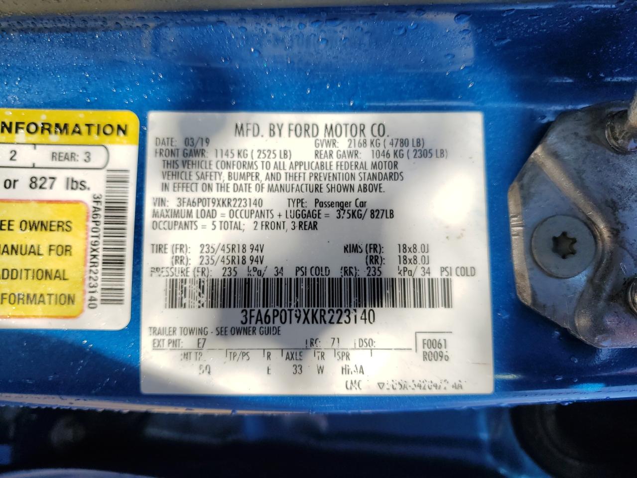 3FA6P0T9XKR223140 FORD FUSION 2019