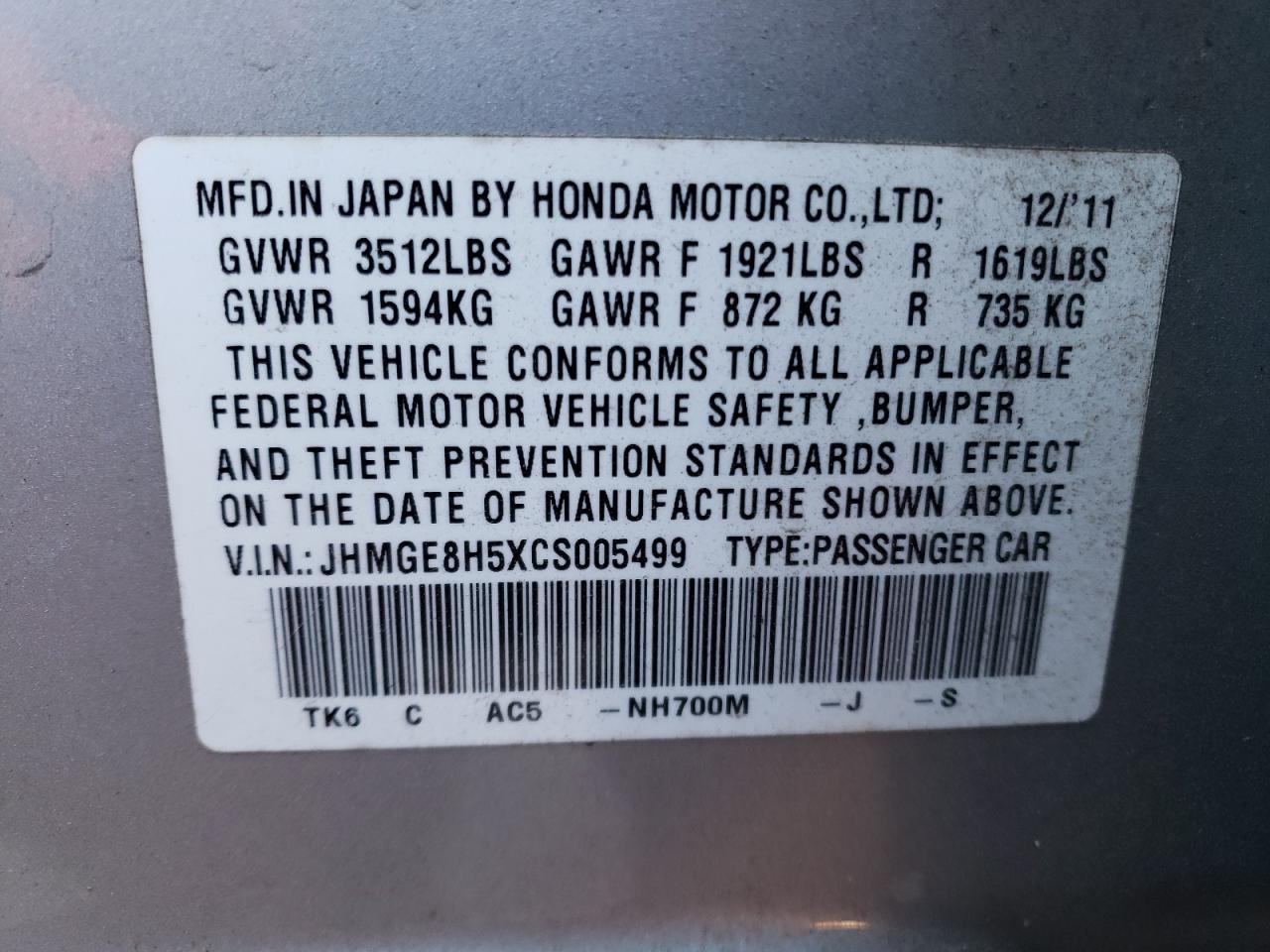 2012 Honda Fit Sport VIN: JHMGE8H5XCS005499 Lot: 82395524