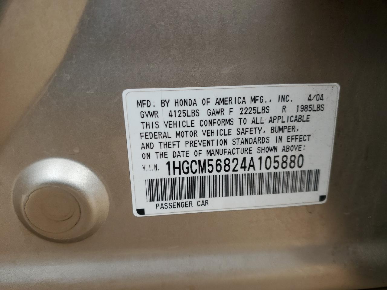 2004 Honda Accord Ex VIN: 1HGCM56824A105880 Lot: 86277184