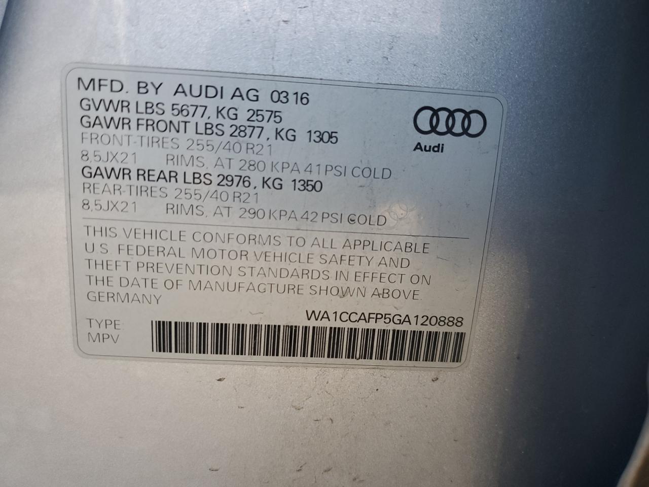 VIN WA1CCAFP5GA120888 2016 AUDI SQ5 no.12