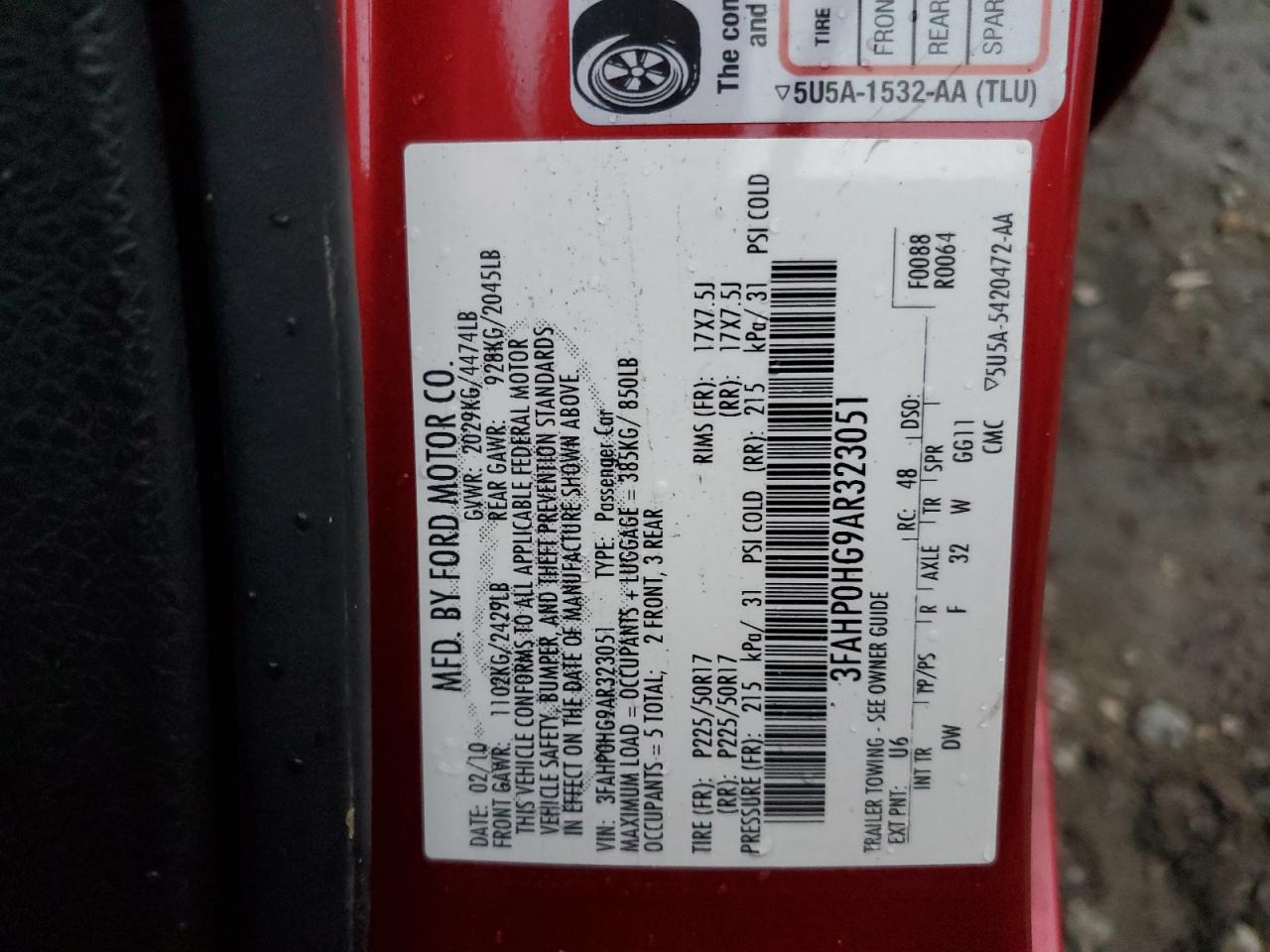 2010 Ford Fusion Se VIN: 3FAHP0HG9AR323051 Lot: 86857904