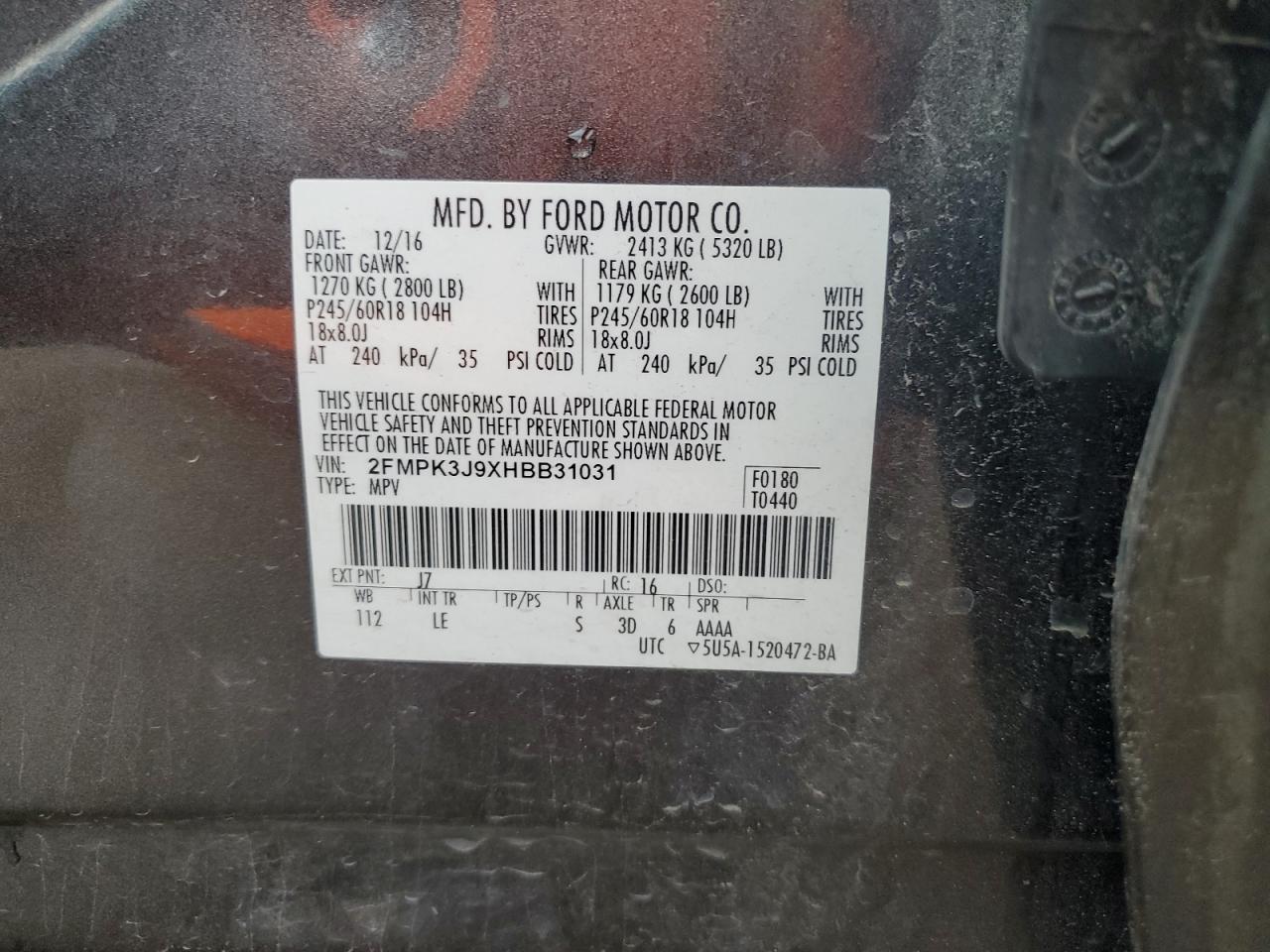 2FMPK3J9XHBB31031 FORD EDGE 2017