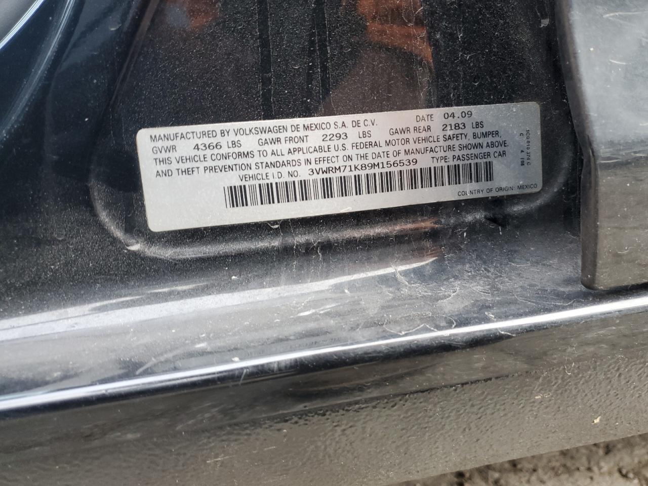 2009 Volkswagen Jetta Se VIN: 3VWRM71K89M156539 Lot: 86515084