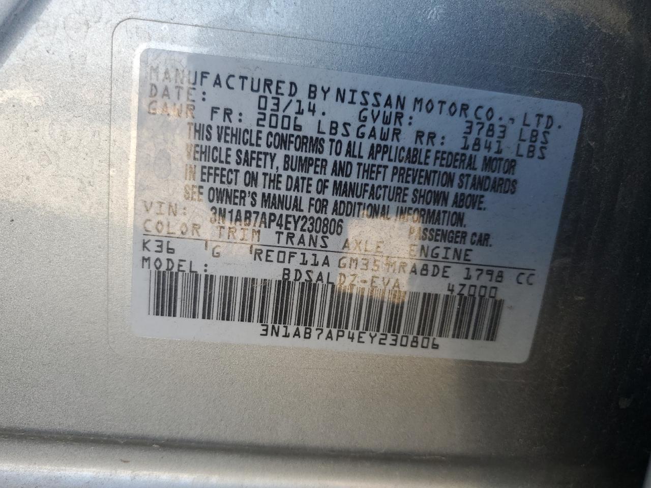 VIN 3N1AB7AP4EY230806 2014 NISSAN SENTRA no.12