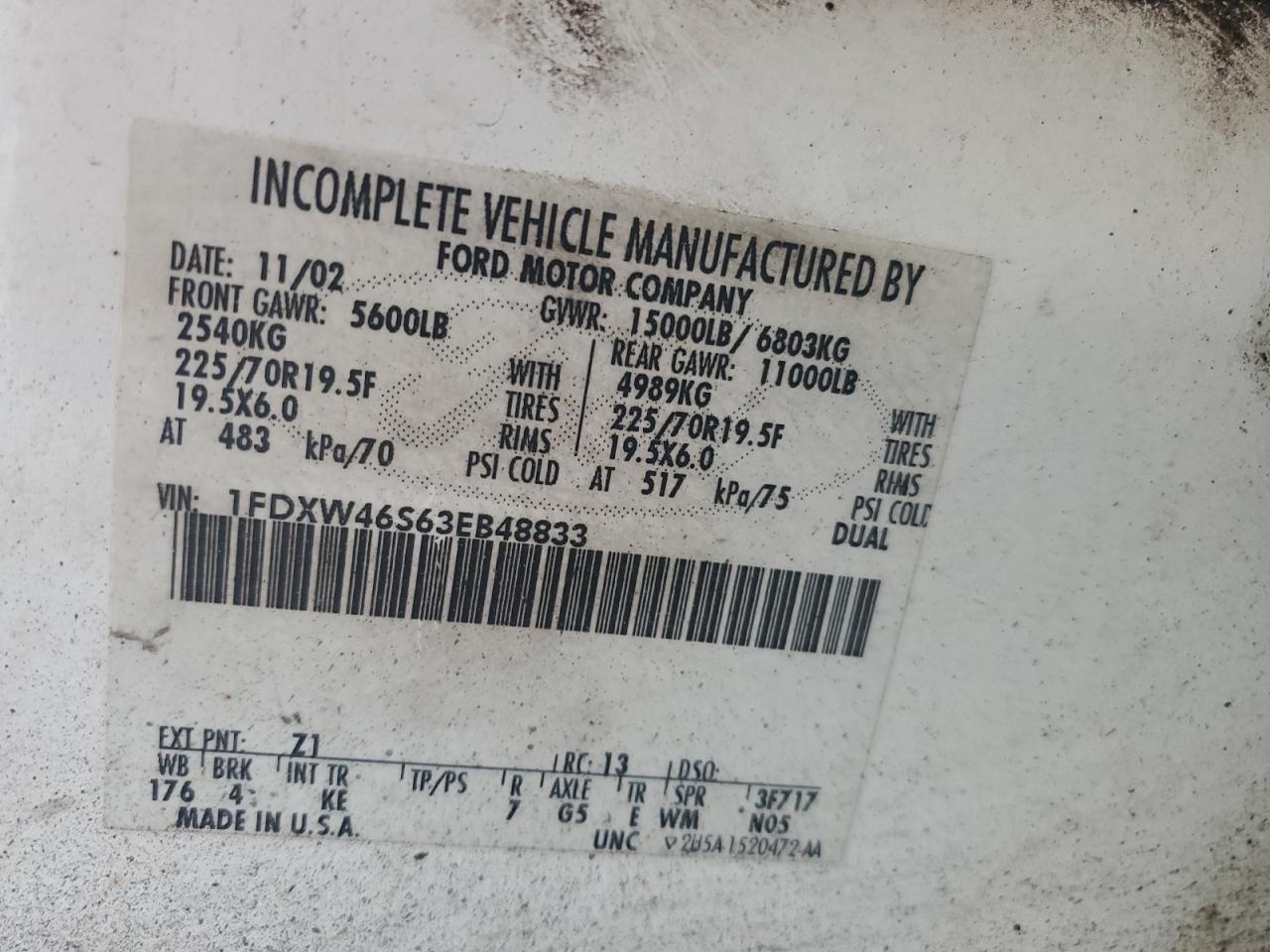 2003 Ford F450 Super Duty VIN: 1FDXW46S63EB48833 Lot: 86296664