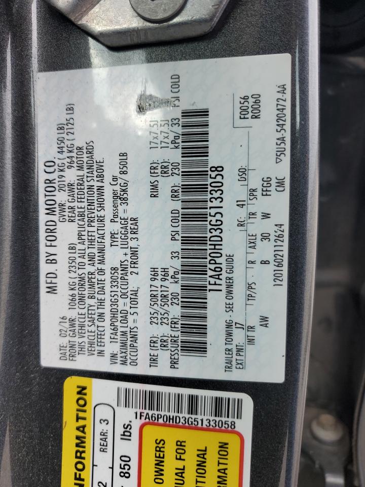 VIN 1FA6P0HD3G5133058 2016 FORD FUSION no.12