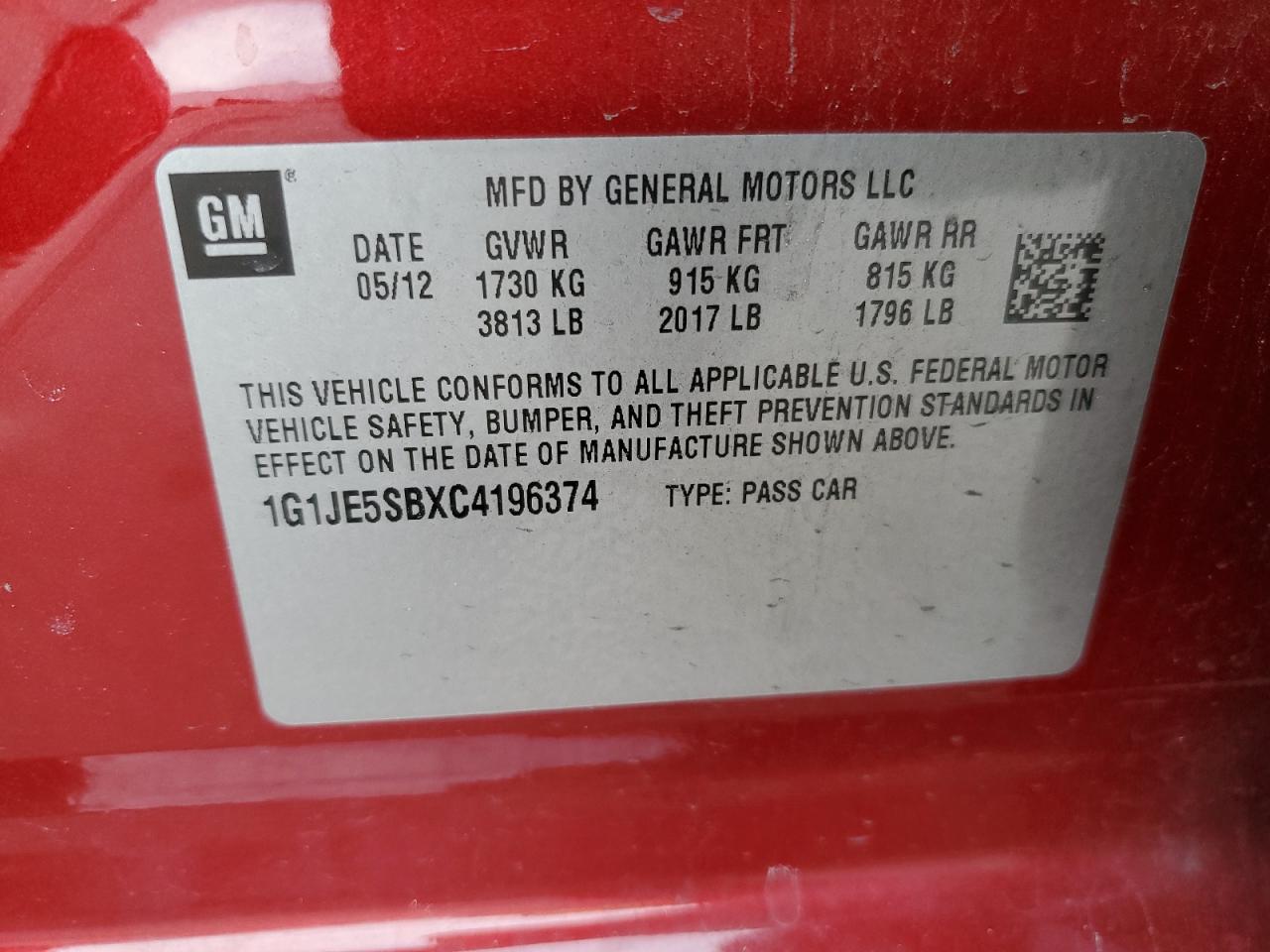 2012 Chevrolet Sonic Ltz VIN: 1G1JE5SBXC4196374 Lot: 84453444