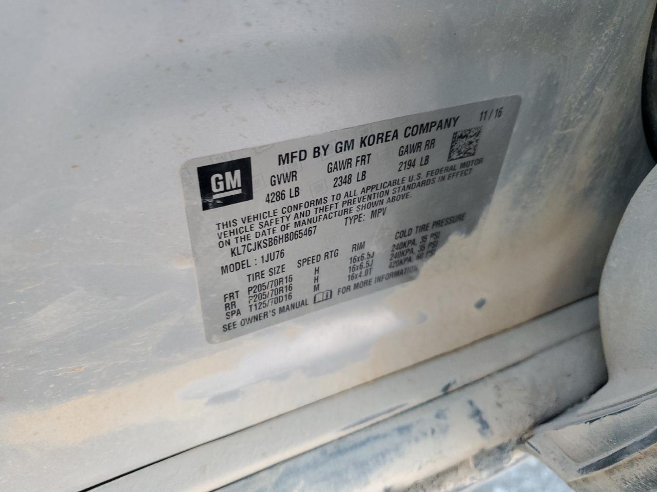 2017 Chevrolet Trax Ls VIN: KL7CJKSB6HB065467 Lot: 82861524