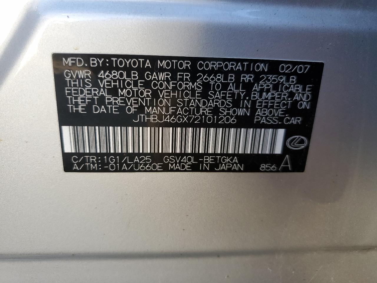 2007 Lexus Es 350 VIN: JTHBJ46GX72101206 Lot: 82424464