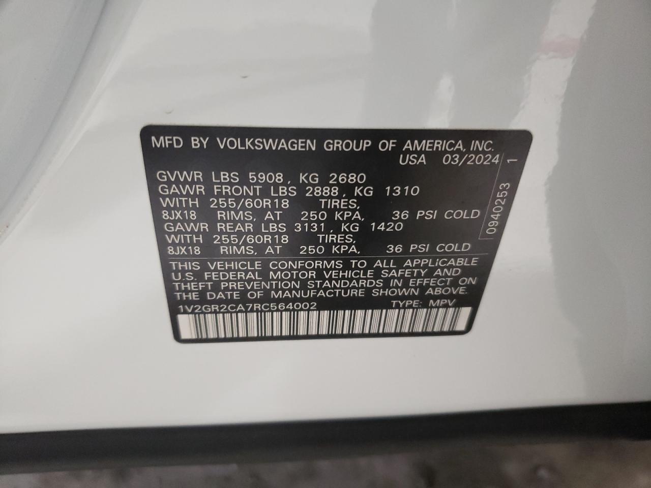 2024 Volkswagen Atlas Peak Edition Sel VIN: 1V2GR2CA7RC564002 Lot: 85509344