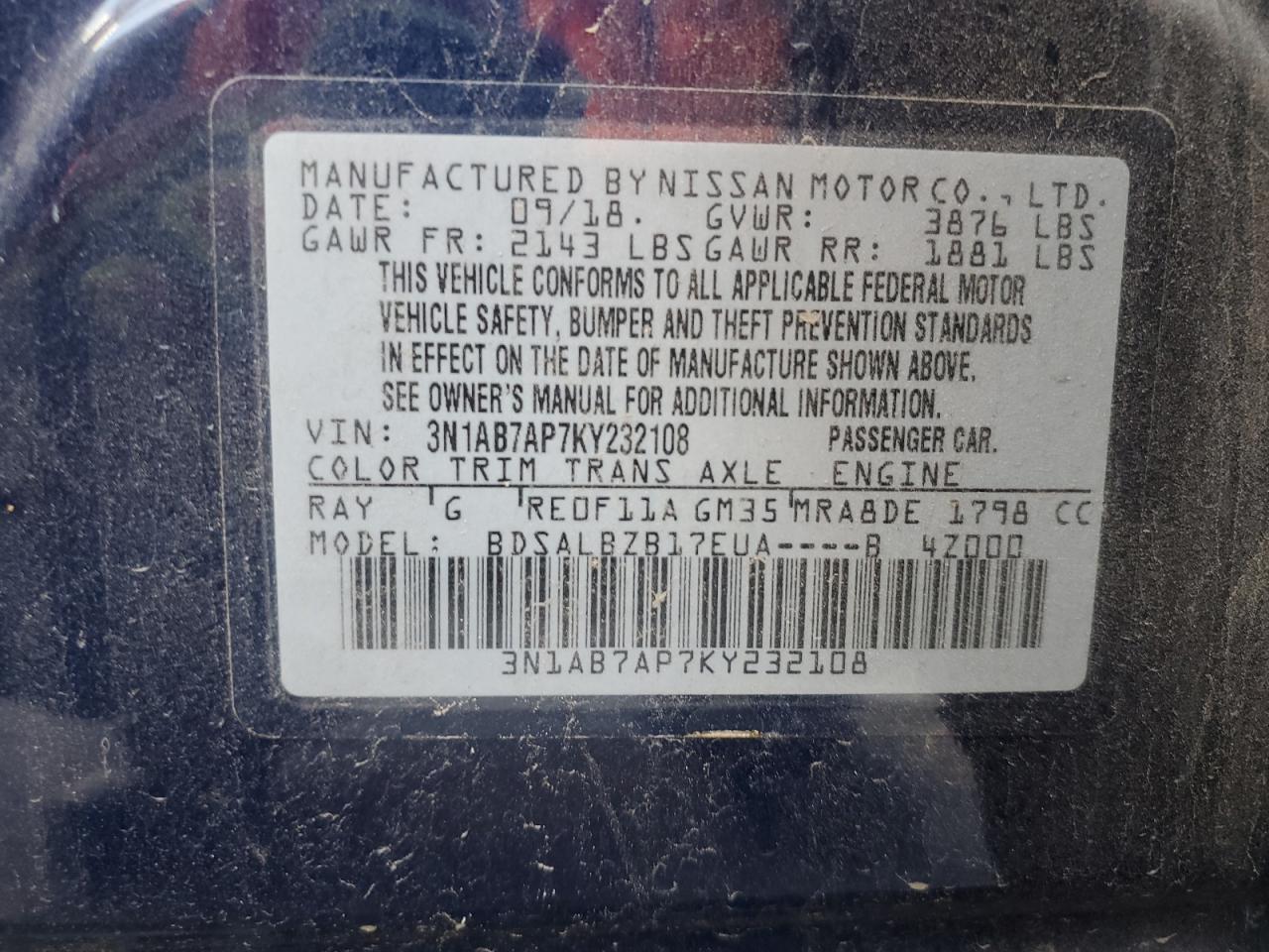 3N1AB7AP7KY232108 NISSAN SENTRA 2019