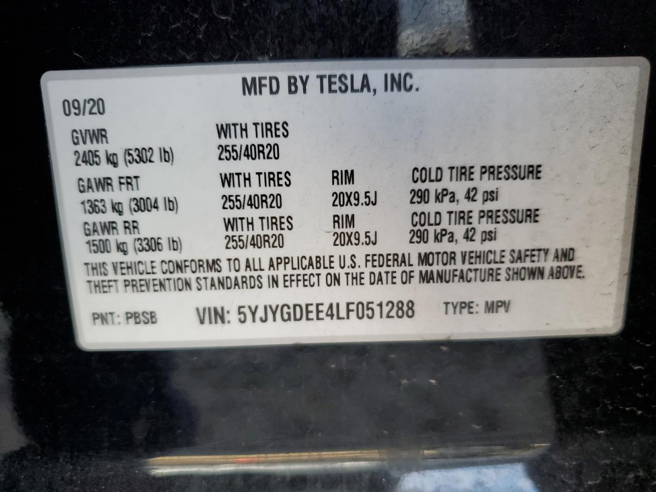 2020 Tesla Model Y VIN: 5YJYGDEE4LF051288 Lot: 86168904