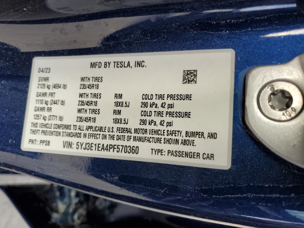 2023 Tesla Model 3 VIN: 5YJ3E1EA4PF570360 Lot: 82700444