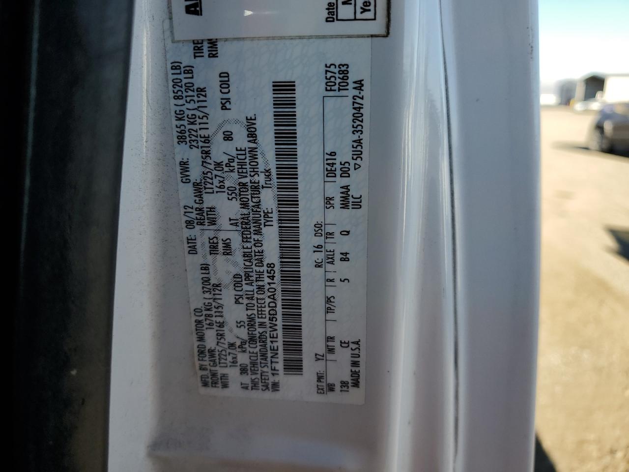 2013 Ford Econoline E150 Van VIN: 1FTNE1EW5DDA01458 Lot: 81706224
