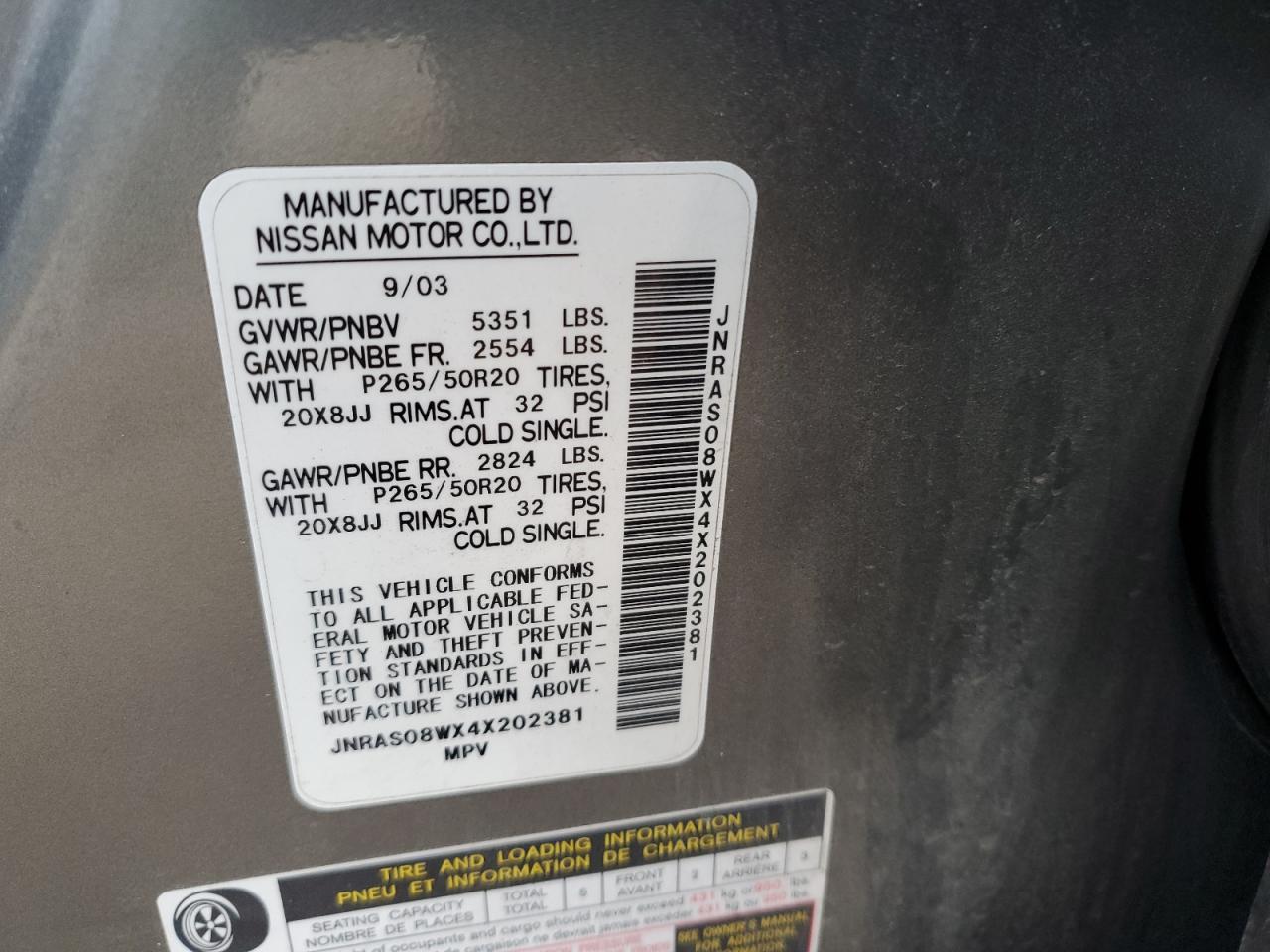 2004 Infiniti Fx35 VIN: JNRAS08WX4X202381 Lot: 83698524