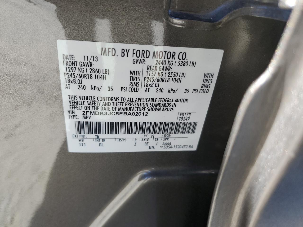 VIN 2FMDK3JC5EBA02012 2014 FORD EDGE no.13