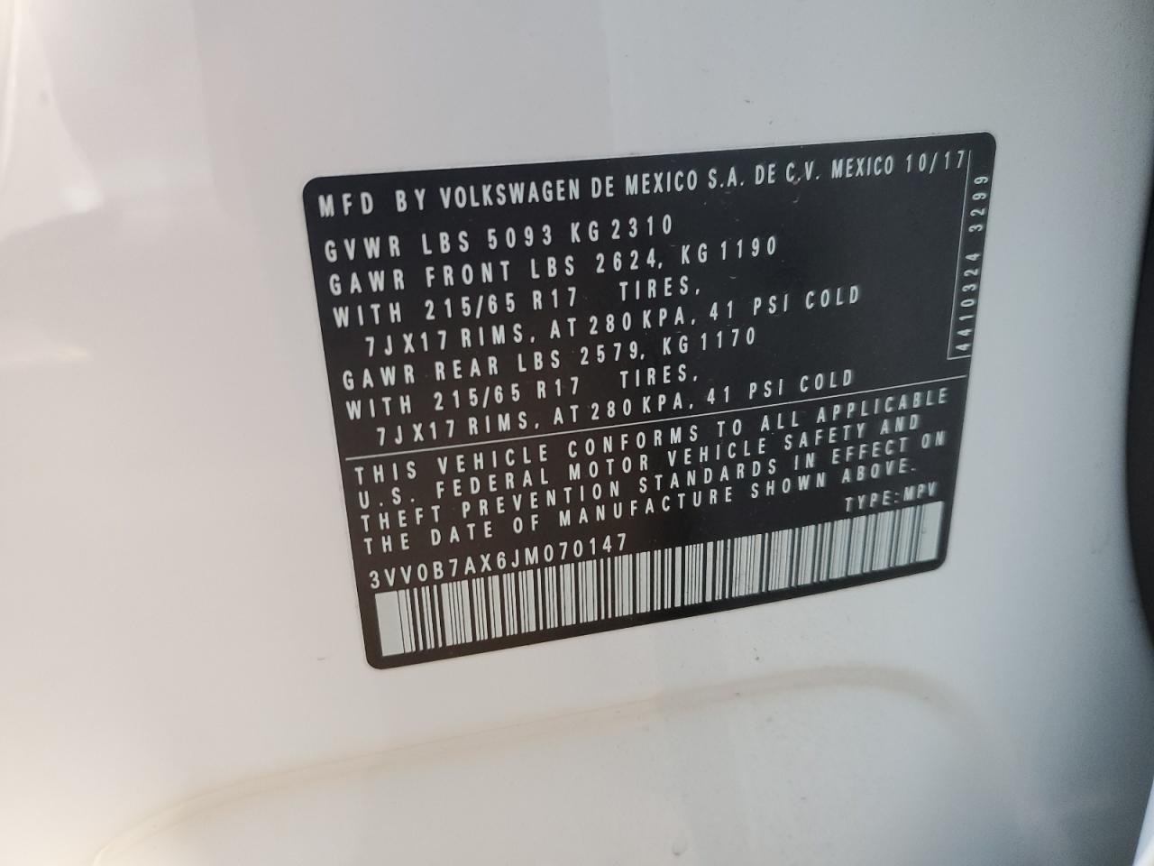 2018 Volkswagen Tiguan S VIN: 3VV0B7AX6JM070147 Lot: 84709544