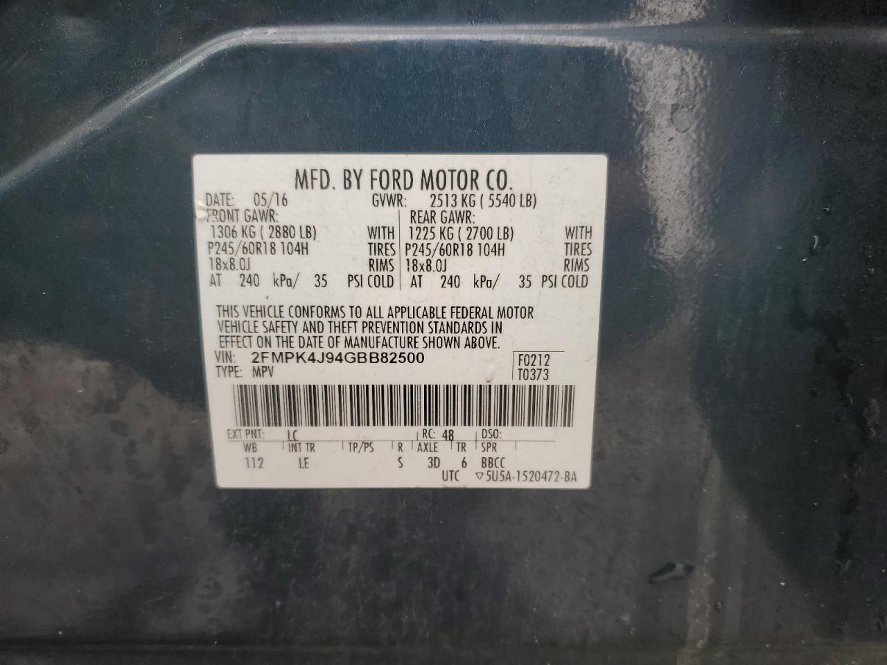 2016 Ford Edge Sel VIN: 2FMPK4J94GBB82500 Lot: 86272174