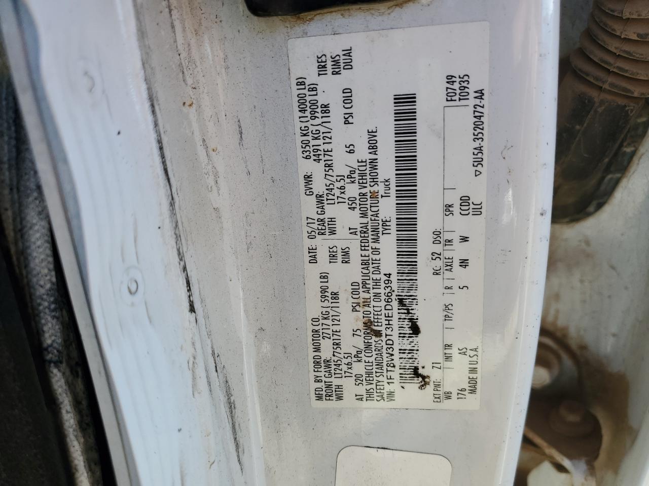 2017 Ford F350 Super Duty VIN: 1FT8W3DT3HED66394 Lot: 62836155