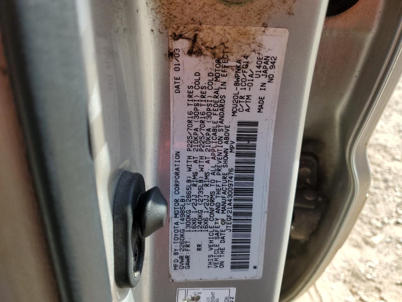 2003 Toyota Highlander Limited VIN: JTEGF21A430097476 Lot: 80065425