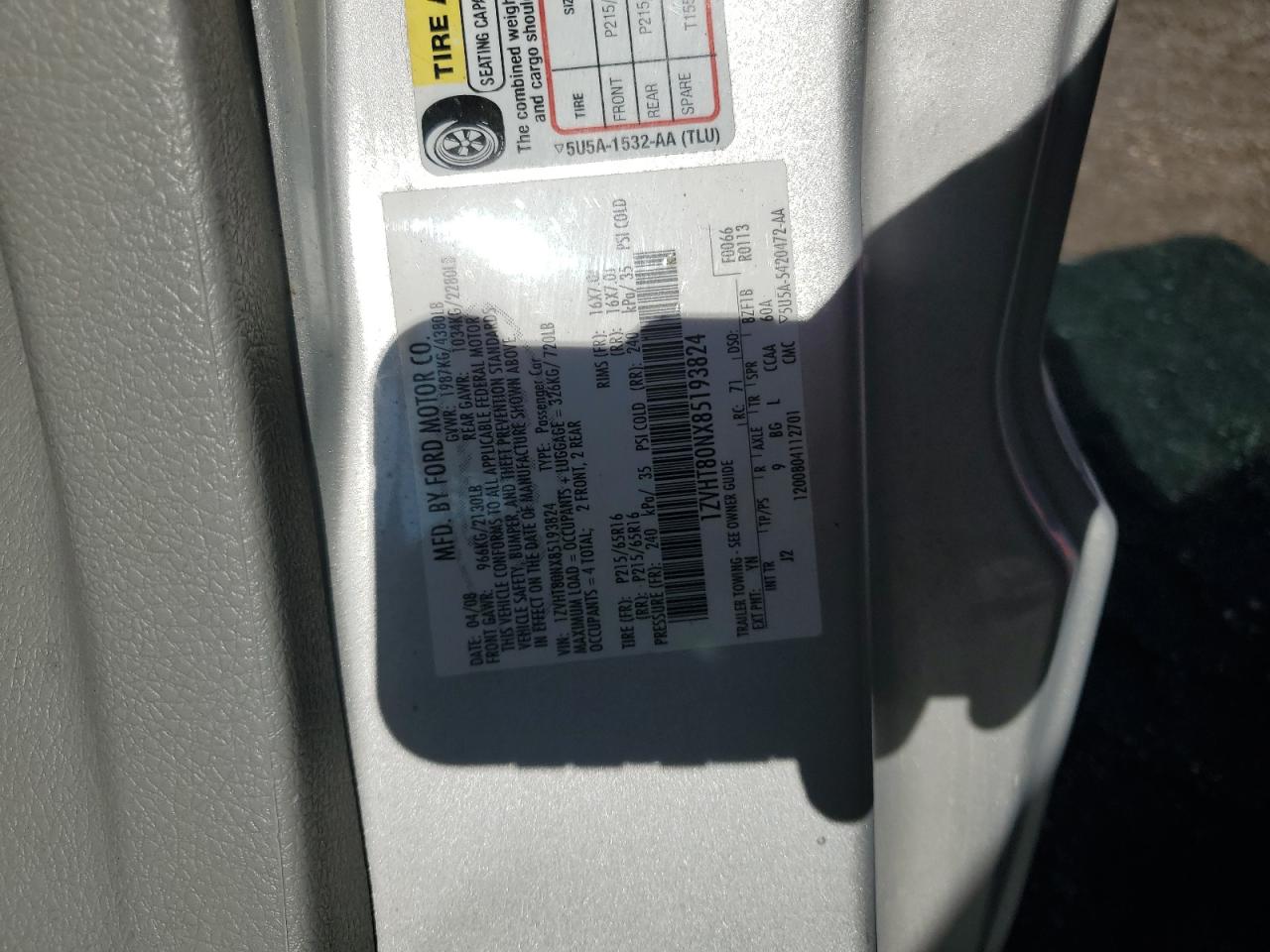 2008 Ford Mustang VIN: 1ZVHT80NX85193824 Lot: 86614844