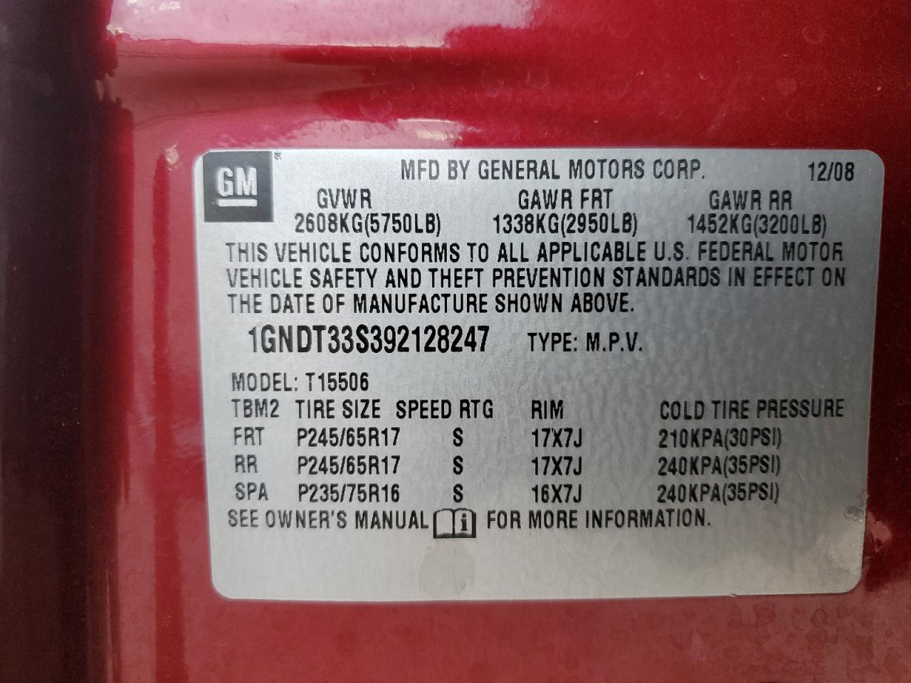 2009 Chevrolet Trailblazer Lt VIN: 1GNDT33S392128247 Lot: 84531954