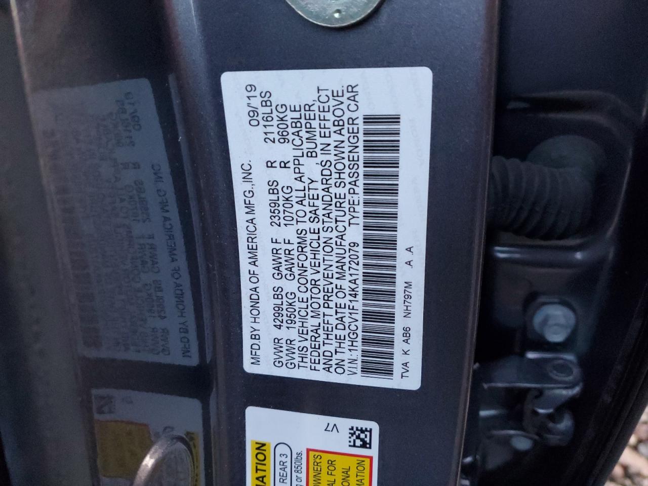 VIN 1HGCV1F14KA172079 2019 HONDA ACCORD no.12