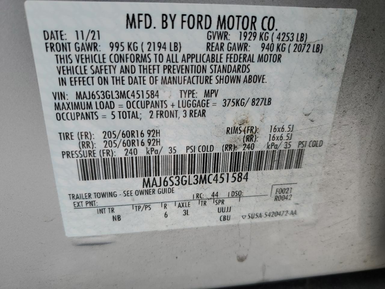 2021 Ford Ecosport Se VIN: MAJ6S3GL3MC451584 Lot: 82624354