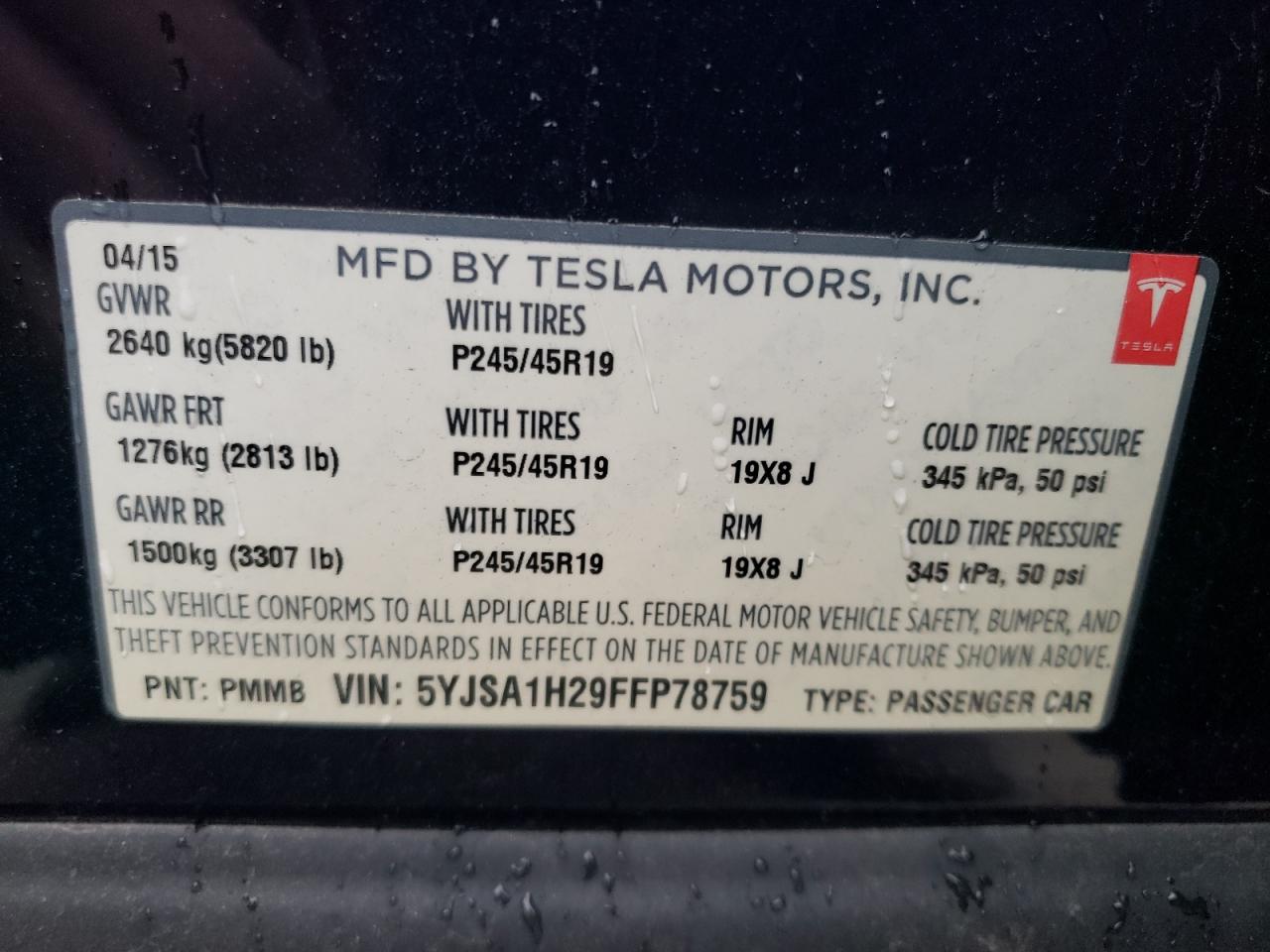 2015 Tesla Model S 85D VIN: 5YJSA1H29FFP78759 Lot: 82971044