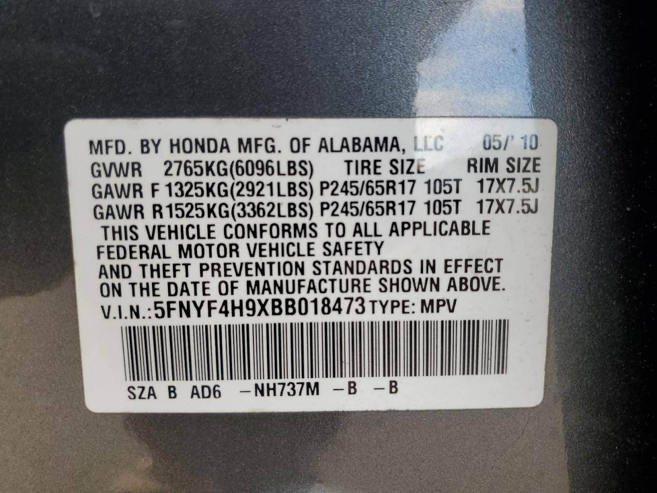 2011 Honda Pilot Touring VIN: 5FNYF4H9XBB018473 Lot: 83220684