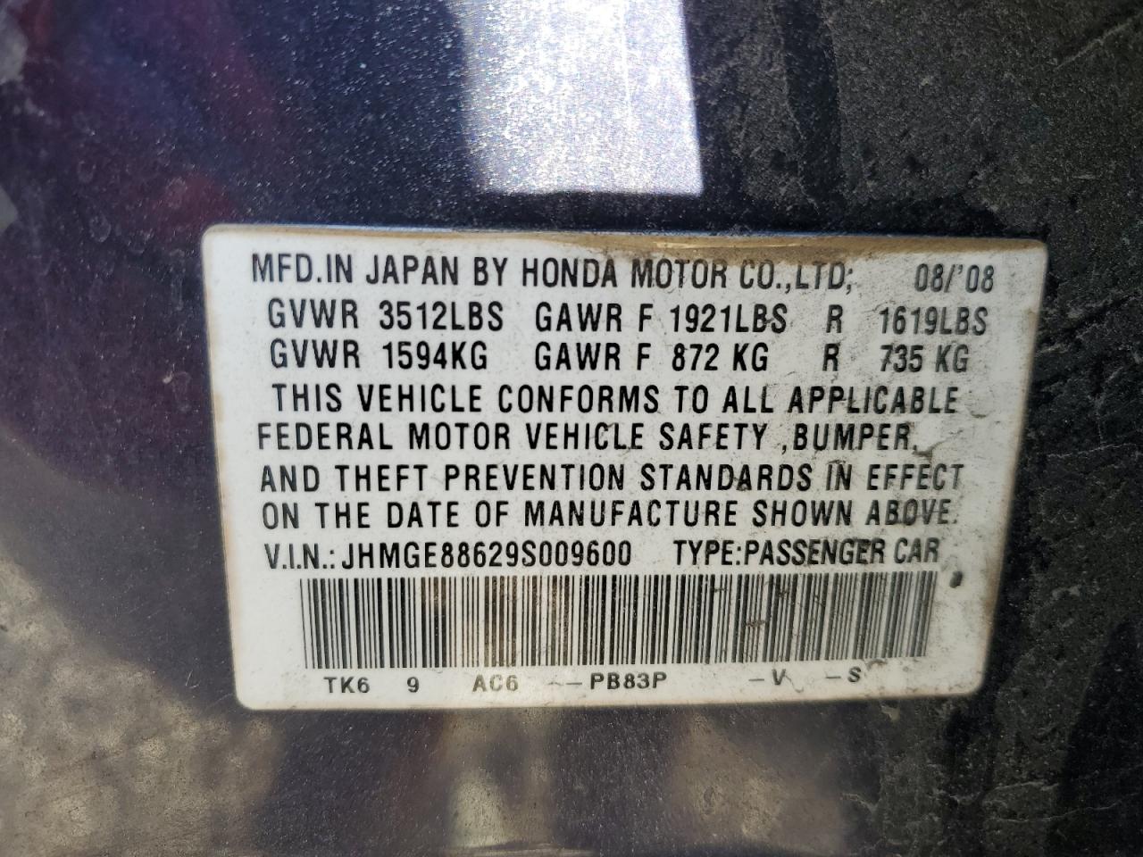 2009 Honda Fit Sport VIN: JHMGE88629S009600 Lot: 86909584