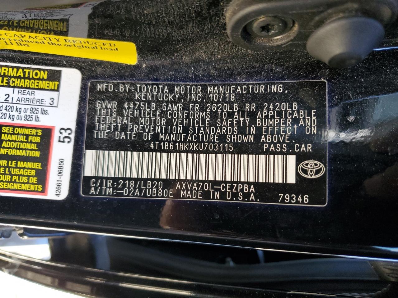 VIN 4T1B61HKXKU703115 2019 TOYOTA CAMRY no.12