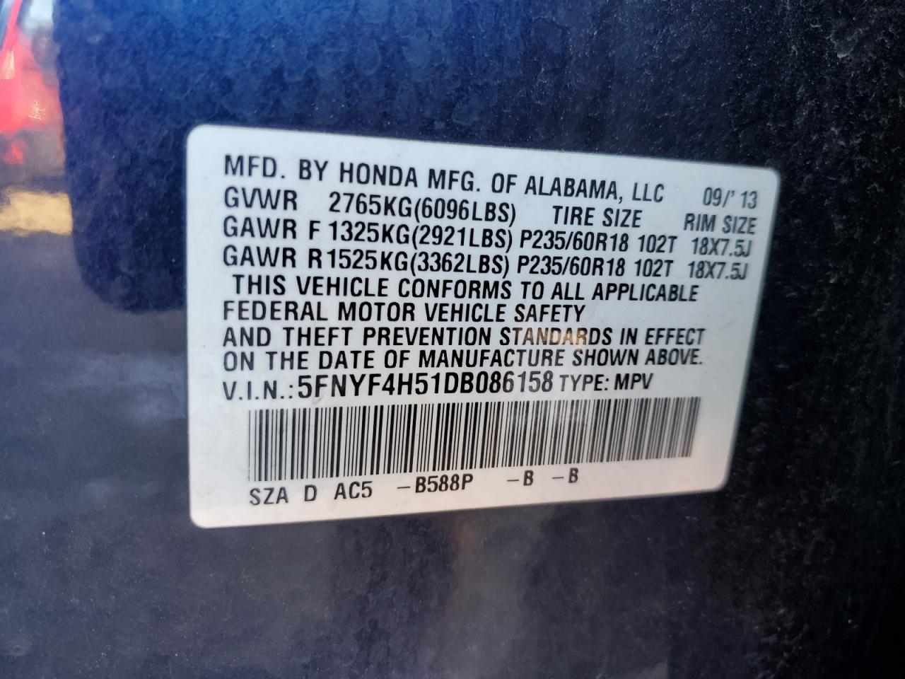 2013 Honda Pilot Exl VIN: 5FNYF4H51DB086158 Lot: 83143054